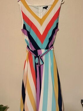 R&K Multi-Stripe V-Neck Midi Dress with Belt